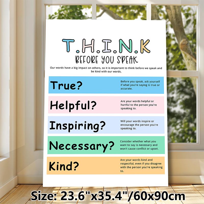 T.H.I.N.K. Mindful Speech Painting Poster, Vibrant Color-blocked Educational Typographic Poster, Guides Thoughtful Communication, Ideal For Office_maomaolike.com