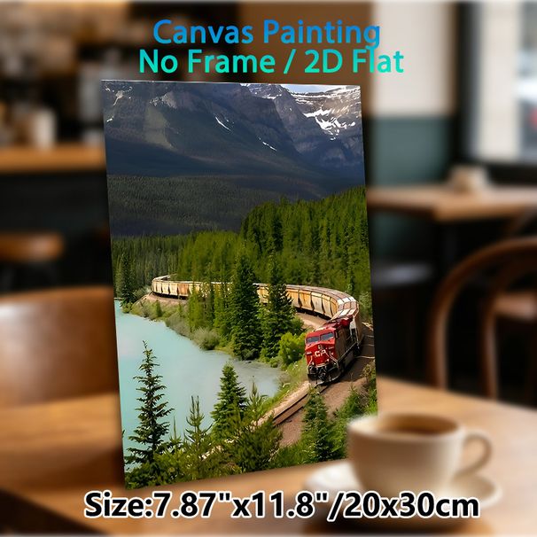 Mountain Railway Scenery Painting Poster, Vivid Riverside Forest & Snow-capped Mountain Scene Poster, Infuses Serene Natural Ambiance, Suitable For_maomaolike.com