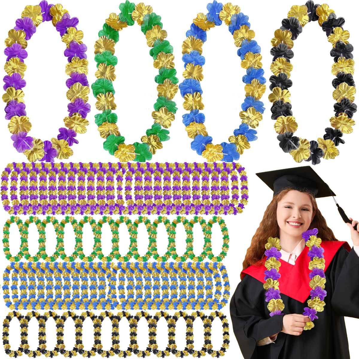 20pcs Hawaii Leis, Graduation Theme Party Hawaiian Leis, Black Gold Blue Bulk Photo Props, Hula Party Decoration Leis Necklaces, Suitable For Birthday, Graduation, Wedding Celebration Supplies_maomaolike.com