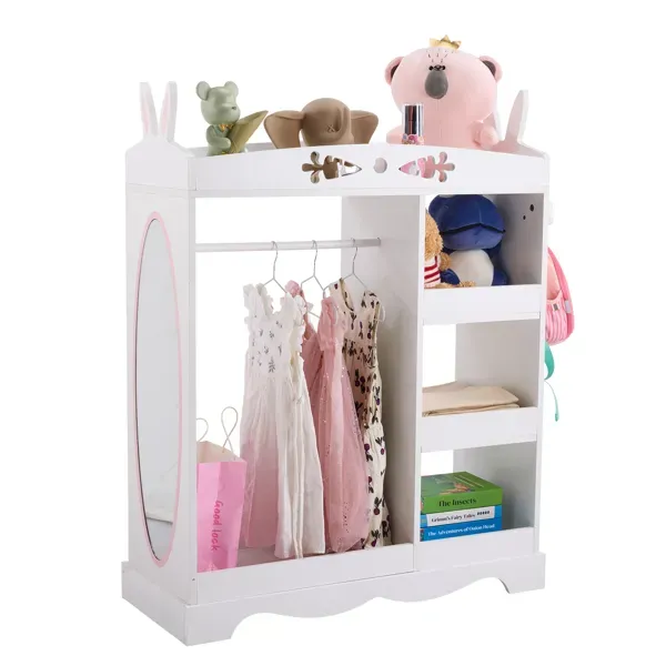 White MDF + Particleboard Children's Wardrobe With 1 Mirror, 3 Shelves, And 1 Clothes Rod; Rabbit Ear Design_maomaolike.com