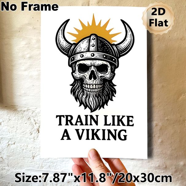 Viking Skull Motivational Painting Poster, Vintage Monochrome Horned Helmet Skull With Beard Poster, Inspiring "Train Like A Viking" Design, Ideal For_maomaolike.com