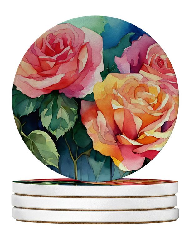 New York Roses In Watercolor Large Sandstone Coasters Pack Of 4 Absorbent Round Coasters Decor Gifts For Men Or Women, 4 In, Multicolor_maomaolike.com