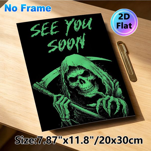 Grim Reaper Themed Painting Poster, Glow-in-the-dark Spooky Grim Reaper With "See You Soon" Text Poster, Unique Dark Gothic Style For Home Wall Decor_maomaolike.com