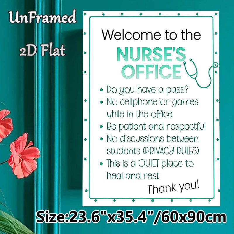 Nurse's Office Rules Painting Poster, Soft Teal-toned Typographic Poster With Stethoscope Graphic, Clearly Presents Office Guidelines, Suitable For_maomaolike.com