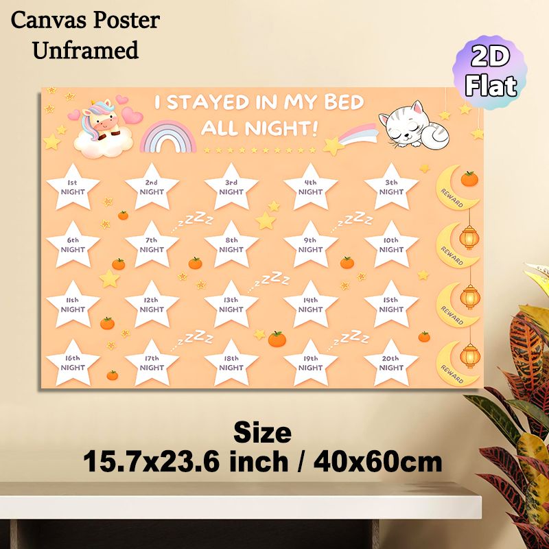 Bedtime Reward Chart Painting Poster, Cute Cartoon-style Poster With Unicorn, Cat & Stars, Encourages Staying In Bed All Night, Ideal For Bedroom_maomaolike.com