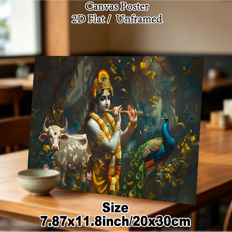 Lord Krishna Themed Painting Poster, Richly Detailed Tropical Jungle Scene Poster, Elegant Devotional Artwork Ideal For Home And Spiritual Spaces_maomaolike.com
