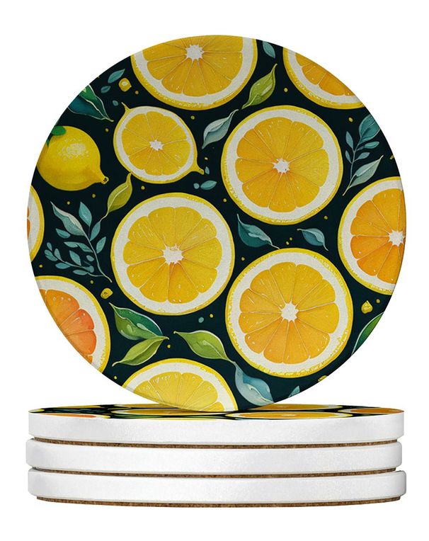 Colorful Lemons Large Sandstone Coasters Pack Of 4 Absorbent Round Coasters Decor Gifts For Men Or Women, 4 In, Multicolor_maomaolike.com