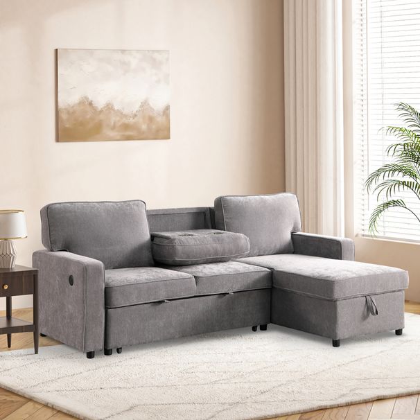Upholstery Sleeper GREY Sectional Sofa With Storage Space, USB Port, 2 Cup Holders On Back Cushions_maomaolike.com
