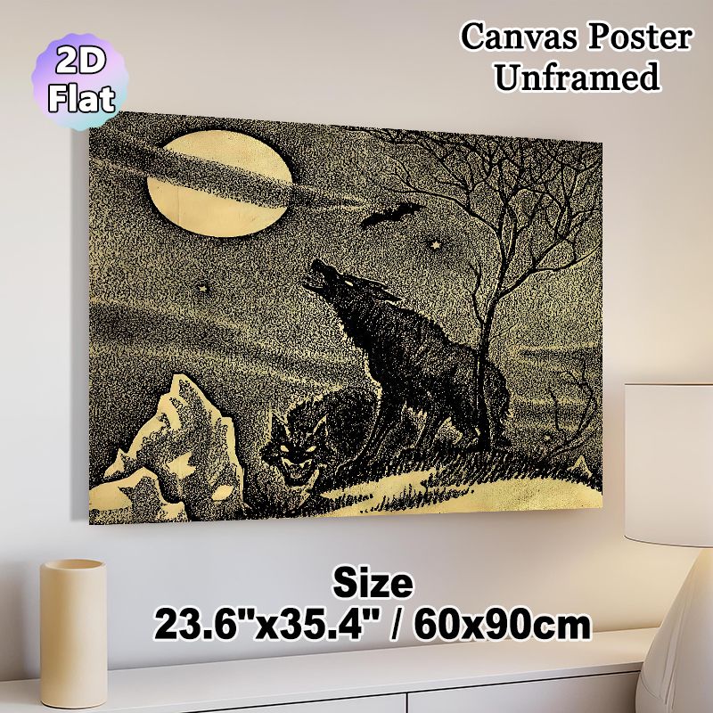 Howling Wolf & Creepy Creature Painting Poster, Vintage Stippling Style Night Scene Poster, Spooky Atmospheric Decor Suitable For Living Room, Bedroom_maomaolike.com