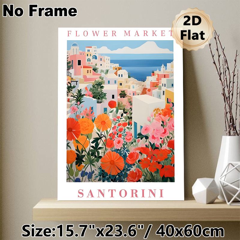 Santorini Flower Market Painting Poster, Vibrant Coastal Town With Lush Blooming Colorful Florals Poster, Delivers Fresh Warm Ambiance, Ideal For_maomaolike.com