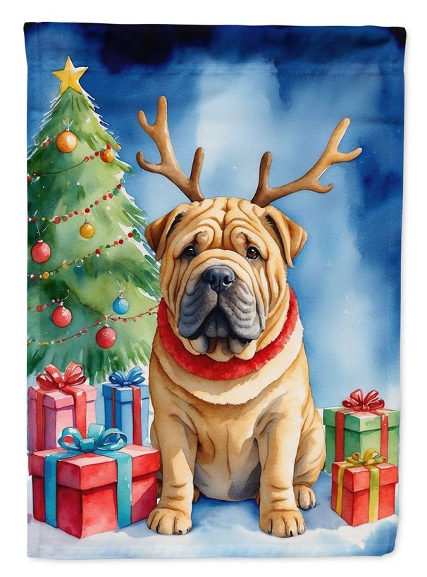 Shar Pei Christmas Reindeer House Flag Large Porch Sleeve Pole Decorative Outside Yard Banner Artwork Wall Hanging, Polyester, House Size, Multicolor_maomaolike.com