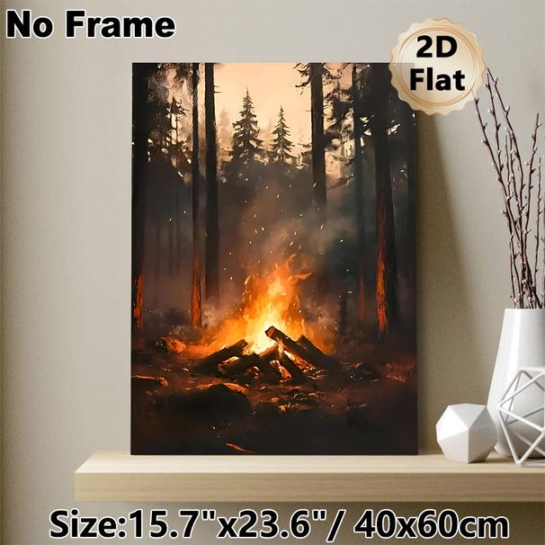 Forest Campfire Painting Poster, Warm-toned Realistic Forest Campfire Scene Poster, Cozy Atmospheric Decor Suitable For Living Room, Bedroom, Cabin_maomaolike.com