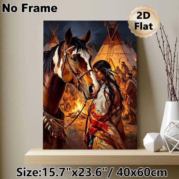 Native American & Horse Themed Painting Poster, Warm-toned Realistic Tribal Scene Poster, Rich Cultural Artwork With Campfire & Tipis, Suitable For_maomaolike.com