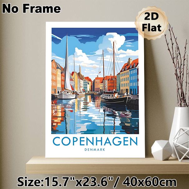 Copenhagen Harbor Themed Painting Poster, Vibrant Retro Style Poster, Scenic Waterfront With Colorful Buildings And Sailboats, Adds Charming Coastal_maomaolike.com