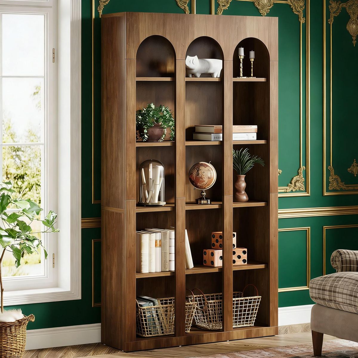 Wood Bookshelf, 5-Tier Rustic Bookcase Display Storage Shelving Unit_maomaolike.com