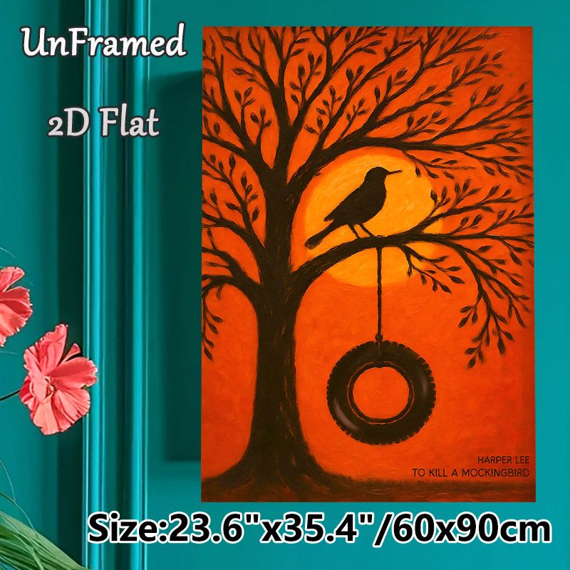 Mockingbird & Tree With Tire Swing Painting Poster, Warm Orange-toned Silhouette Art Poster, Evokes Literary Nostalgia, Ideal For Living Room And_maomaolike.com