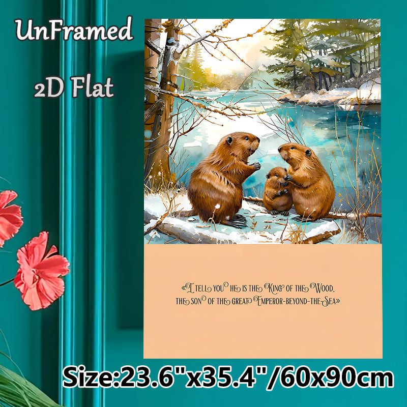 Beaver Family Themed Painting Poster, Soft Watercolor Winter Riverside Scene Poster, Heartwarming Wildlife Design With Inspirational Quote, Ideal For_maomaolike.com
