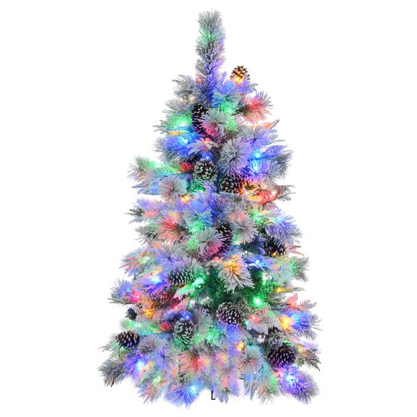 4FT Pre-Lit Spruce Snow Flocked Christmas Tree With Pine Cones, Artificial Xmas Tree With 170 Branch Tips,Mixed PE & PVC Branches, 120 Multi-Color LED Lights, 11 Flashing Modes, Holiday Décor_maomaolike.com