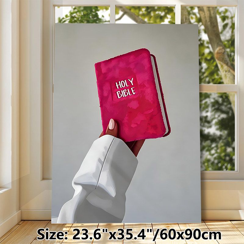 Holy Bible Themed Painting Poster, Vibrant Artistic Hand Holding Pink Holy Bible Poster, Faith-inspired Decor Ideal For Home, Prayer Room And_maomaolike.com