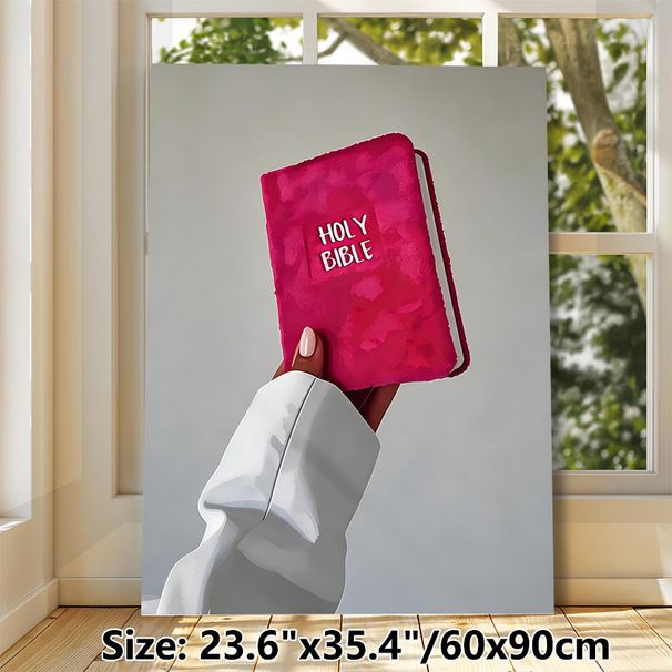 Holy Bible Themed Painting Poster, Vibrant Artistic Hand Holding Pink Holy Bible Poster, Faith-inspired Decor Ideal For Home, Prayer Room And_maomaolike.com