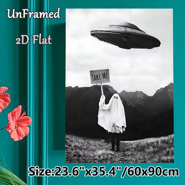 UFO & Ghost Themed Painting Poster, Monochrome Whimsical Scene Poster, Quirky Decor Piece Featuring Ghost With "Take Me" Sign And UFO, Ideal For_maomaolike.com