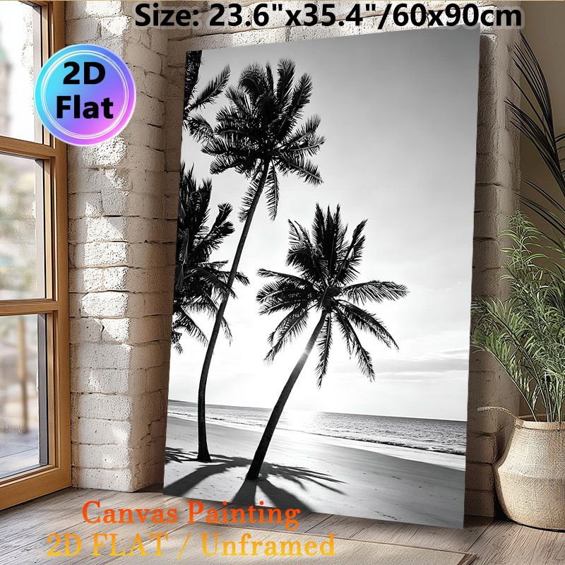 Beach Palm Tree Painting Poster, Monochrome Silhouetted Palm Trees On Sunlit Beach Poster, Provides Tranquil Coastal Atmosphere, Suitable For Living_maomaolike.com