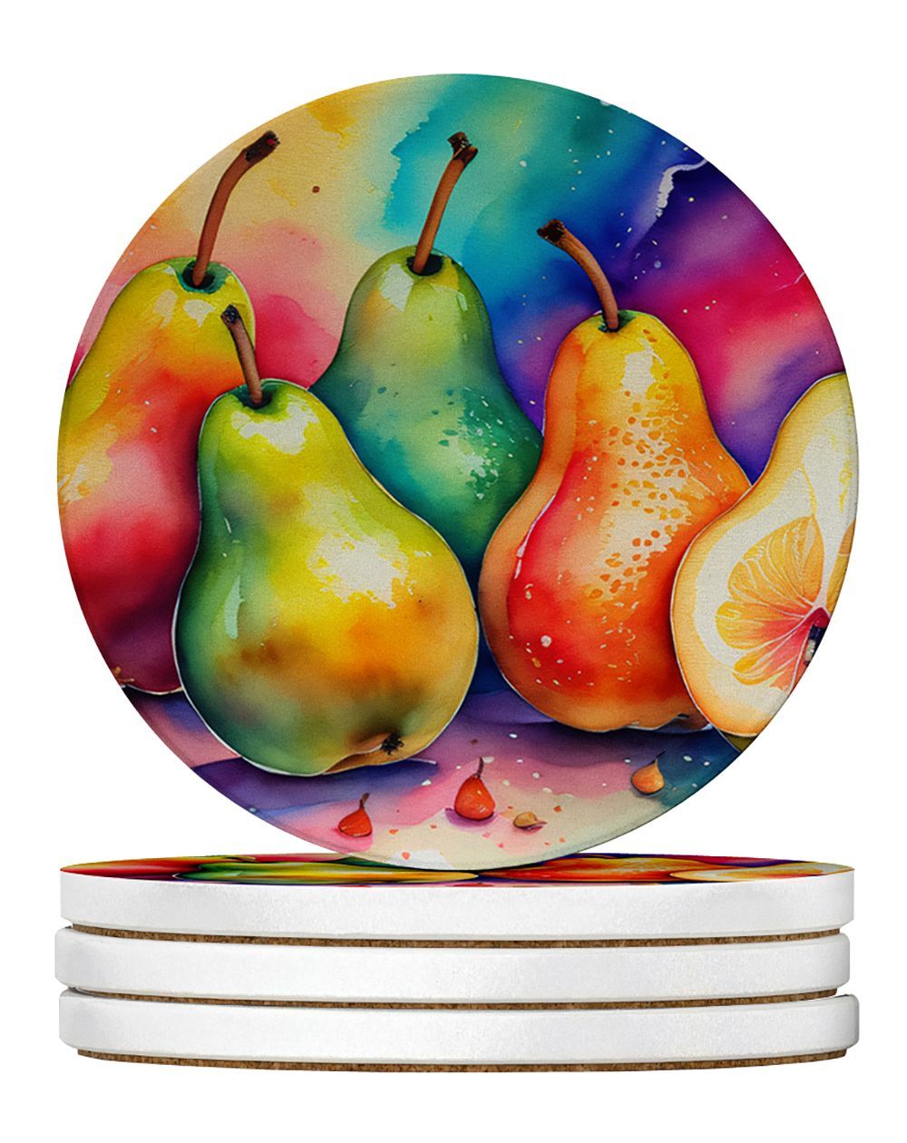 Colorful Pears Large Sandstone Coasters Pack Of 4 Absorbent Round Coasters Decor Gifts For Men Or Women, 4 In, Multicolor_maomaolike.com