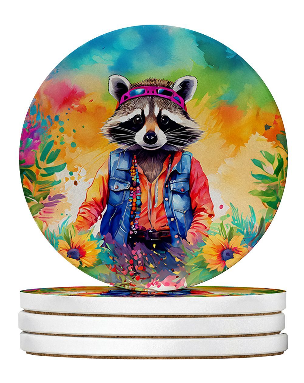 Hippie Animal Raccoon Large Sandstone Coasters Pack Of 4 Absorbent Round Coasters Decor Gifts For Men Or Women, 4 In, Multicolor_maomaolike.com