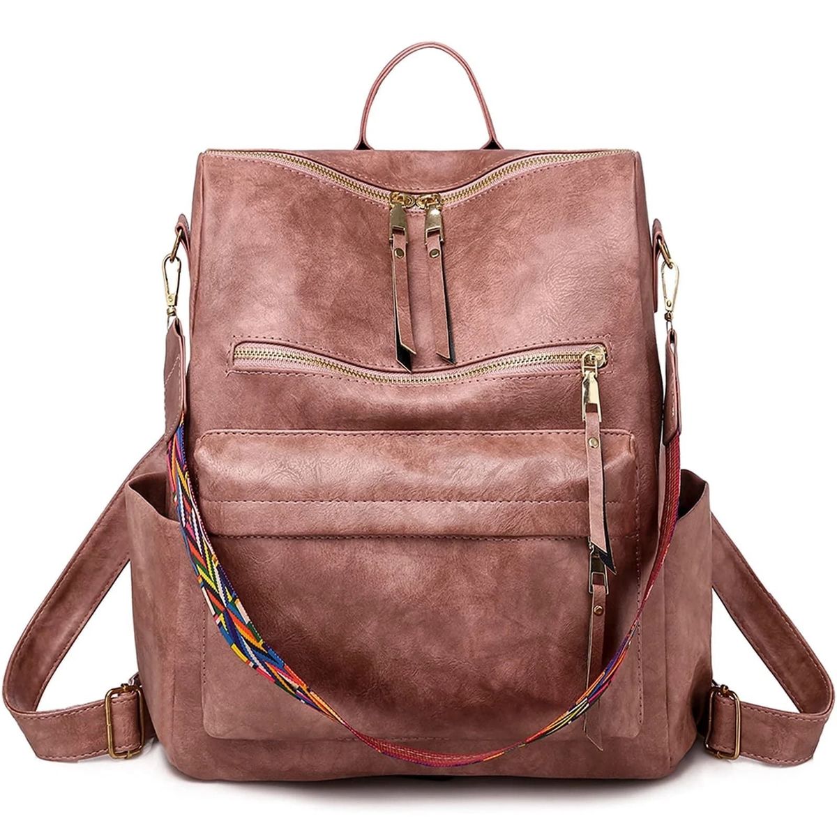 Women Backpack Purse Fashion Leather Designer Ladies Convertible School College Shoulder Bags With Colorful Strap, Pink_maomaolike.com