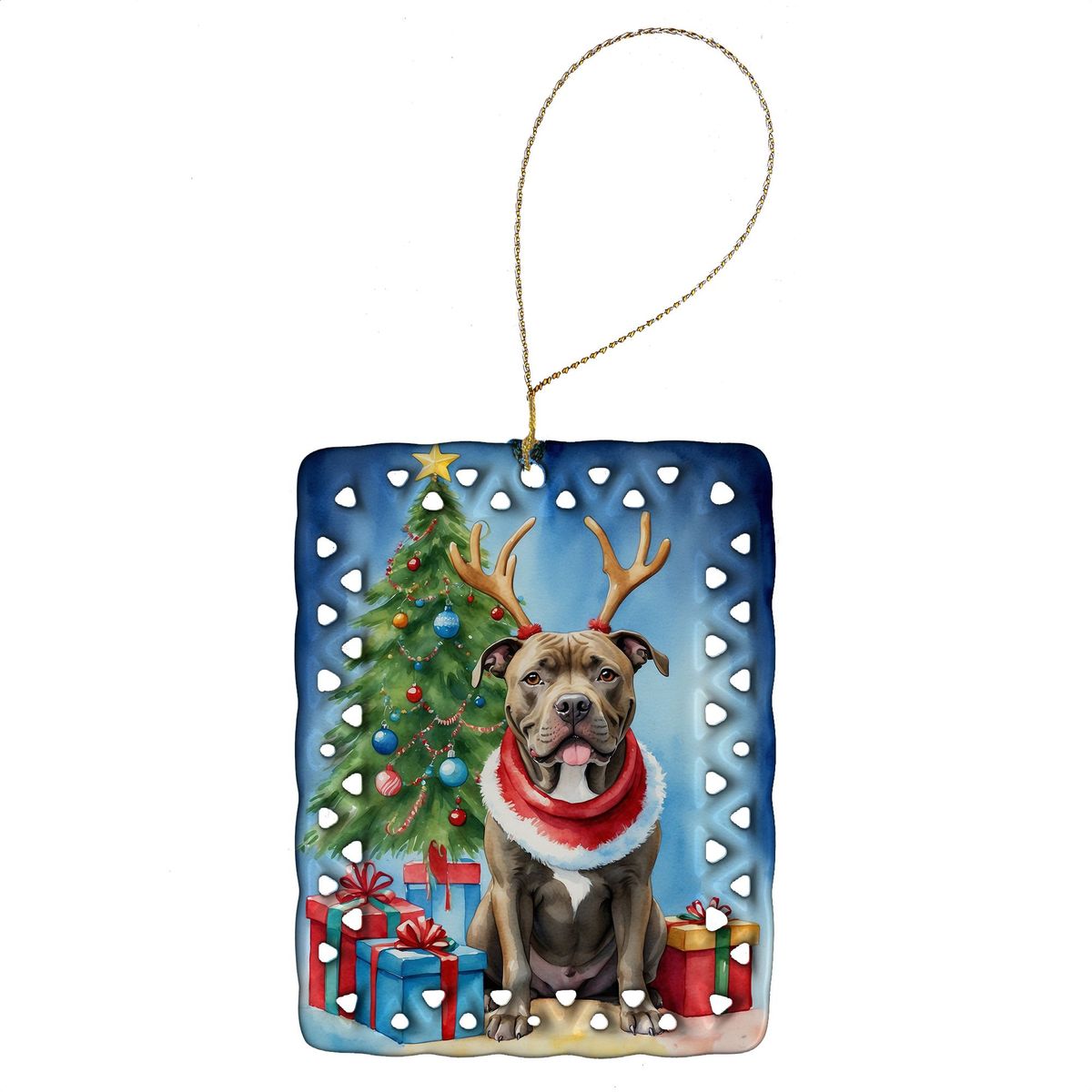 Pit Bull Terrier Christmas Reindeer Porcelain Ornament Christmas Tree Hanging Decorations For Home Christmas Holiday, Rectangle, Gift, Multicolor_maomaolike.com
