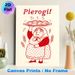 Pierogi Themed Painting Poster, Vintage Red Line Art Poster, Warm Homely Design Featuring Cheerful Lady With Steaming Pierogi Platter, Ideal For_maomaolike.com