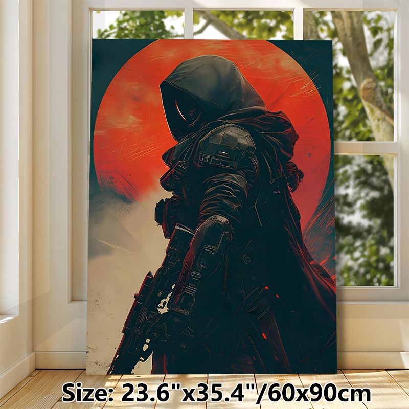 Cyberpunk Hooded Warrior Painting Poster, Dark Moody Textured Cyberpunk Poster, Striking Armored Figure With Weapon Against Fiery Red Circle, Ideal_maomaolike.com