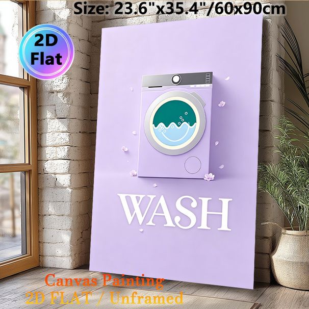 Laundry Washing Machine Painting Poster, Pastel Minimalist Soft Purple Washer With Floral Accents Poster, Gentle Charming Decor Idea For Laundry Room_maomaolike.com