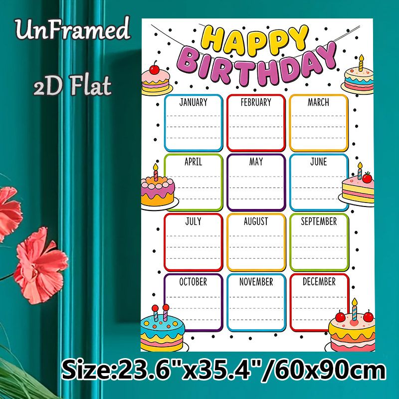Birthday Tracker Painting Poster, Vibrant Cartoon-style Poster With Colorful Birthday Cakes And Monthly Blank Grids, Practical Tool To Record_maomaolike.com