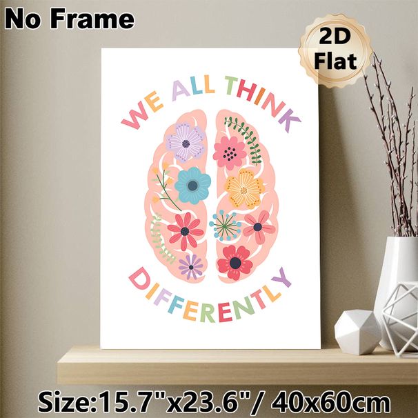 Floral Brain "We All Think Differently" Painting Poster, Pastel-toned Whimsical Flower-filled Brain Art Poster, Promotes Inclusive Positive Mindset_maomaolike.com