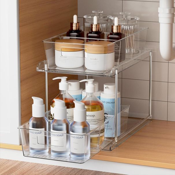 2 Pack 2 Tier Clear Bathroom Organizer with Dividers, Multipurpose Vanity Counter Tray, Kitchen, Closet Organizers, Cabinet & Storage Container Bins_maomaolike.com