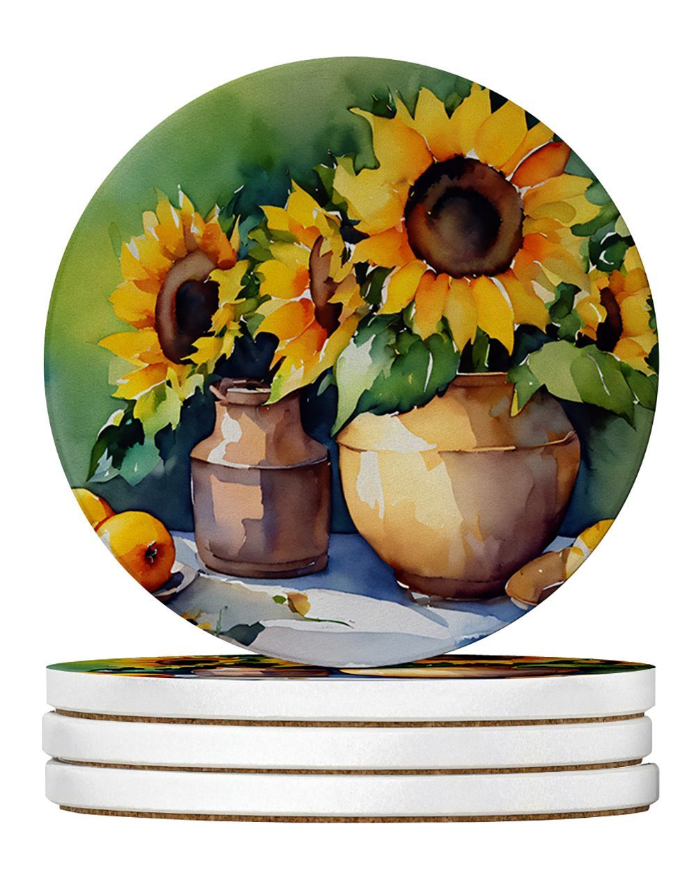 Sunflowers In Watercolor Large Sandstone Coasters Pack Of 4 Absorbent Round Coasters Decor Gifts For Men Or Women, 4 In, Multicolor_maomaolike.com