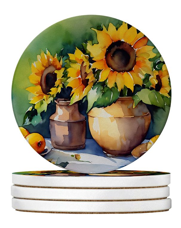 Sunflowers In Watercolor Large Sandstone Coasters Pack Of 4 Absorbent Round Coasters Decor Gifts For Men Or Women, 4 In, Multicolor_maomaolike.com