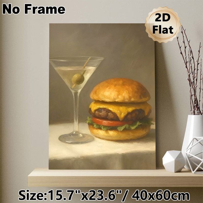 Gourmet Still Life Painting Poster, Realistic Cheeseburger & Martini With Olive Poster, Elegant Food-themed Decor Suitable For Restaurant, Kitchen And_maomaolike.com
