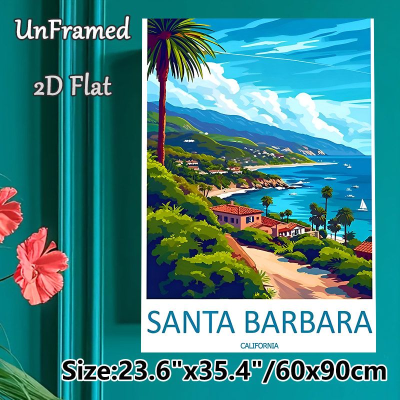 Santa Barbara Coastal Landscape Painting Poster, Bright Retro-style Seaside Scenery Poster, Tropical Coastal View With Palm Trees & Coastal Homes_maomaolike.com