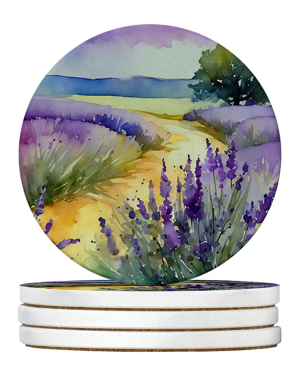 Lavender In Watercolor Large Sandstone Coasters Pack Of 4 Absorbent Round Coasters Decor Gifts For Men Or Women, 4 In, Multicolor_maomaolike.com