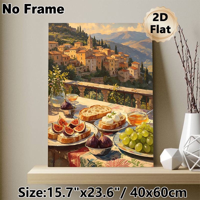 Mediterranean Village & Gourmet Brunch Painting Poster, Warm-toned Impressionist-style Poster, Inviting Sunlit Hillside Village With Delicious Food_maomaolike.com