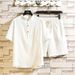 Men's Clothing two-piece suit stand-up collar retro short-sleeved suit casual solid color cotton and linen two-piece suit_maomaolike.com