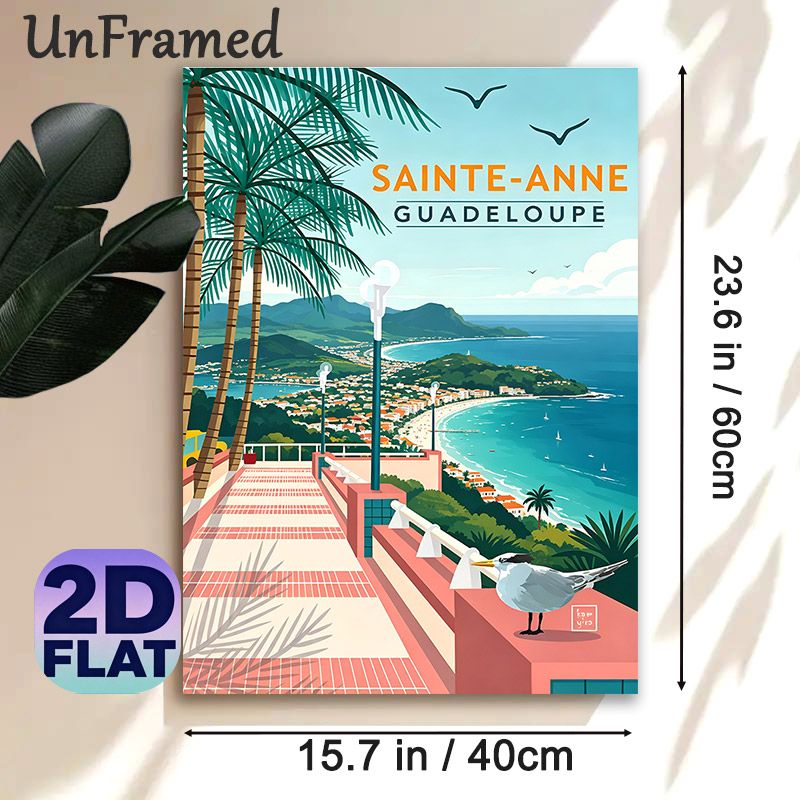 Sainte-Anne Guadeloupe Coastal Painting Poster, Vibrant Retro Tropical Seaside Scene Poster, Captivating Scenic Design With Palm Trees And Seaside_maomaolike.com