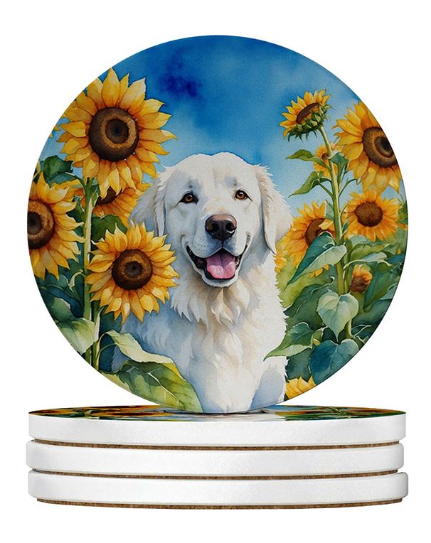 Kuvasz In Sunflowers Large Sandstone Coasters Pack Of 4 Absorbent Round Coasters Decor Gifts For Men Or Women, 4 In, Multicolor_maomaolike.com