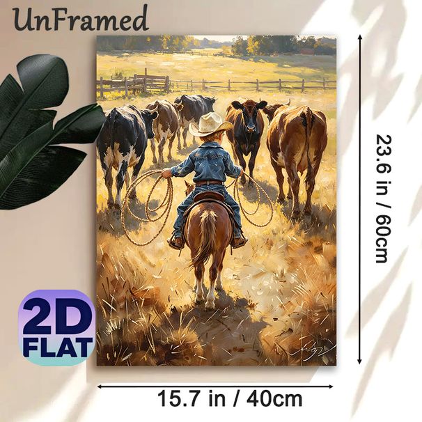 Ranch Cowboy Herding Cattle Painting Poster, Warm-toned Rustic Oil Painting Style Poster, Vivid Pastoral Scene, Ideal For Living Room & Farmhouse_maomaolike.com