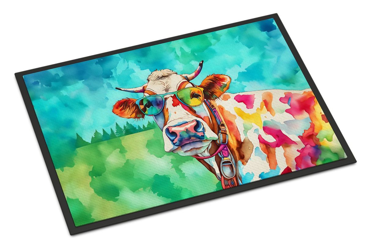 Hippie Animal Cow Doormat Front Door Mat Indoor Outdoor Rugs For Entryway, Non Slip Washable Low Pile, 24H X 36W_maomaolike.com
