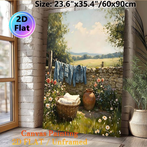 Rustic Countryside Laundry Scene Painting Poster, Warm-toned Impressionist-style Poster, Cozy Pastoral Design With Sunlit Yard, Denim Jackets_maomaolike.com