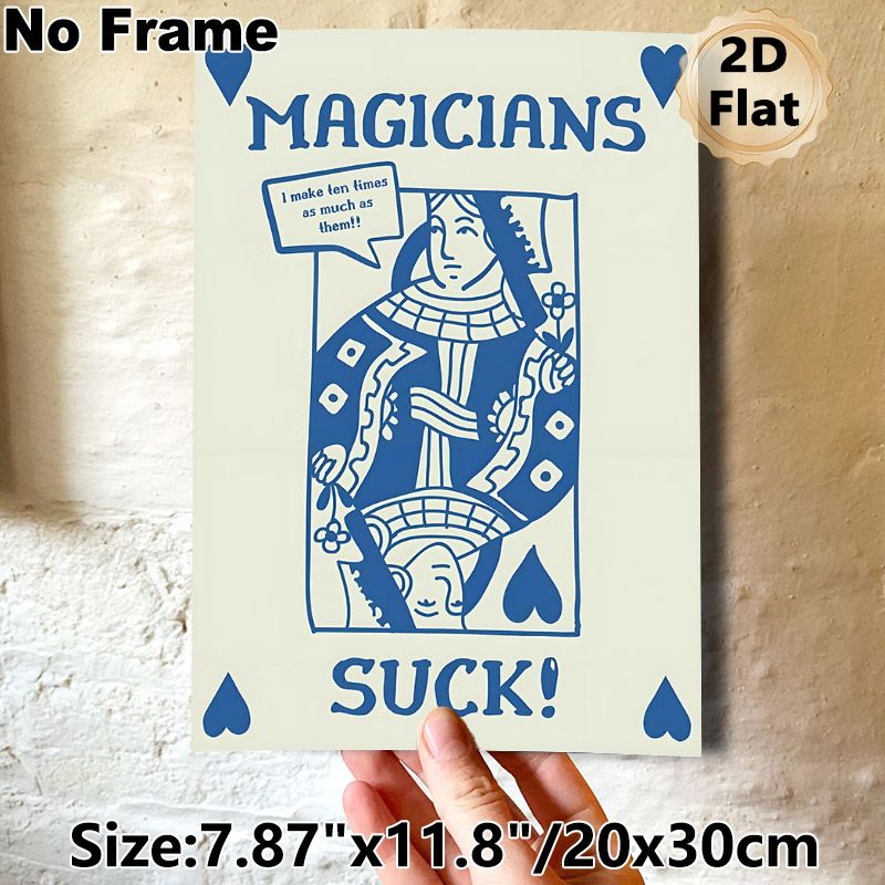Magician Themed Playing Card Painting Poster, Minimalist Blue & White Stylized Queen Card Poster, Witty Statement Design Suitable For Home Wall Decor_maomaolike.com