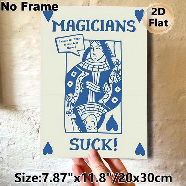 Magician Themed Playing Card Painting Poster, Minimalist Blue & White Stylized Queen Card Poster, Witty Statement Design Suitable For Home Wall Decor_maomaolike.com